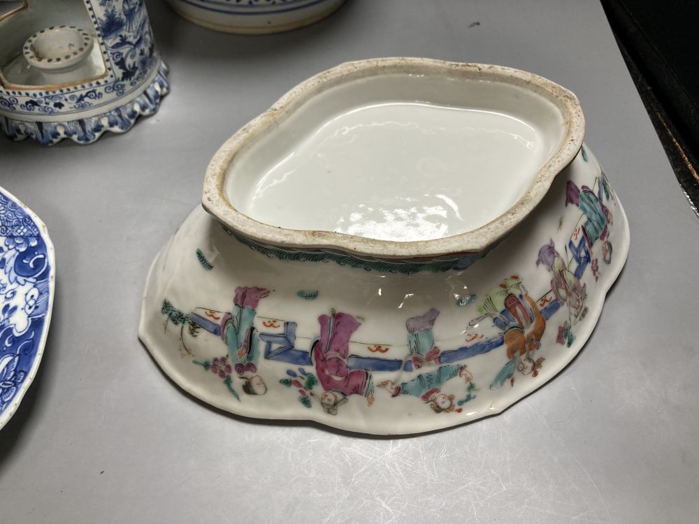 A Chinese famille rose dessert dish, 27cm, assorted Chinese blue and white porcelain and a delft ware hanging candle lantern, 26cm